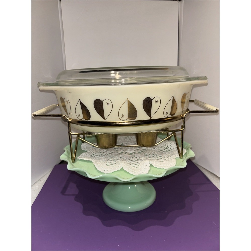 Vintage PYREX Golden Hearts‎ Promotional Casserole 045 2 1/2 Qt W/ Candle Warmer